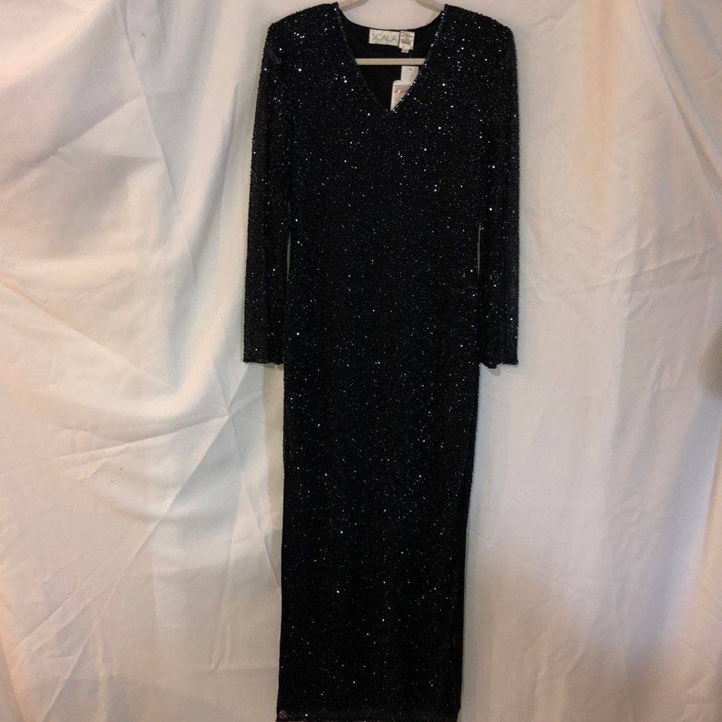 Scala Beaded Long Sleeve Fitted Gown With Double Side Slits